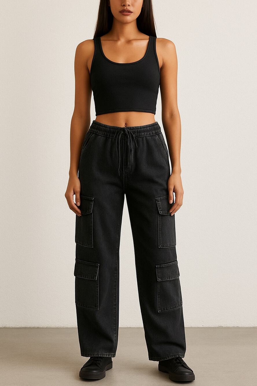 AMERICAN BAZI Black Washed Wide-Leg Cargo Style Drawstring Pants NWT size Small